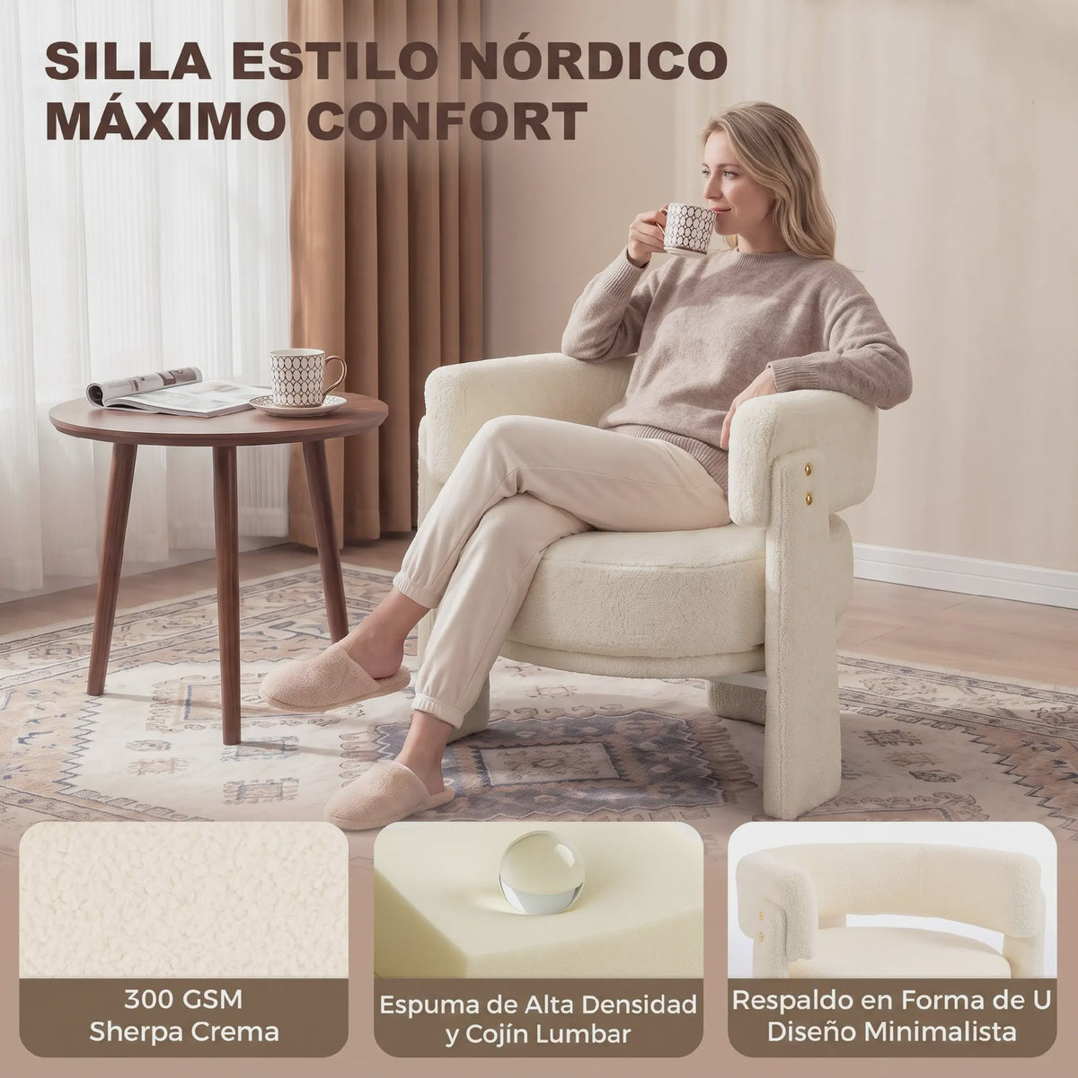 Crème Witte Fauteuil met Schapenvacht en Lendenkussen - Stijlvol Comfort