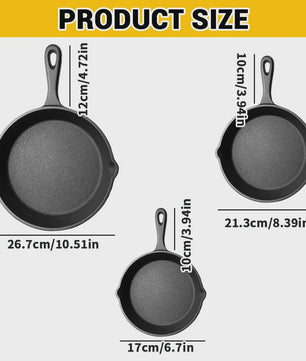 3-delige Gietijzeren Pannenset - Non-Stick Koekenpan met Giet tuit en Grill Handvat