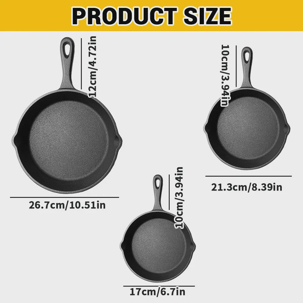 3-delige Gietijzeren Pannenset - Non-Stick Koekenpan met Giet tuit en Grill Handvat