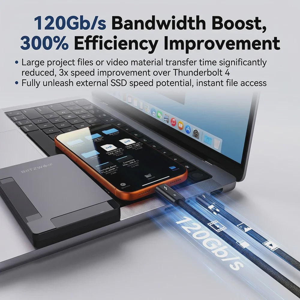 Thunderbolt 5 Kabel: 120Gbps, 240W Snelladen, 16K Video & USB4 Compatibel voor MacBook