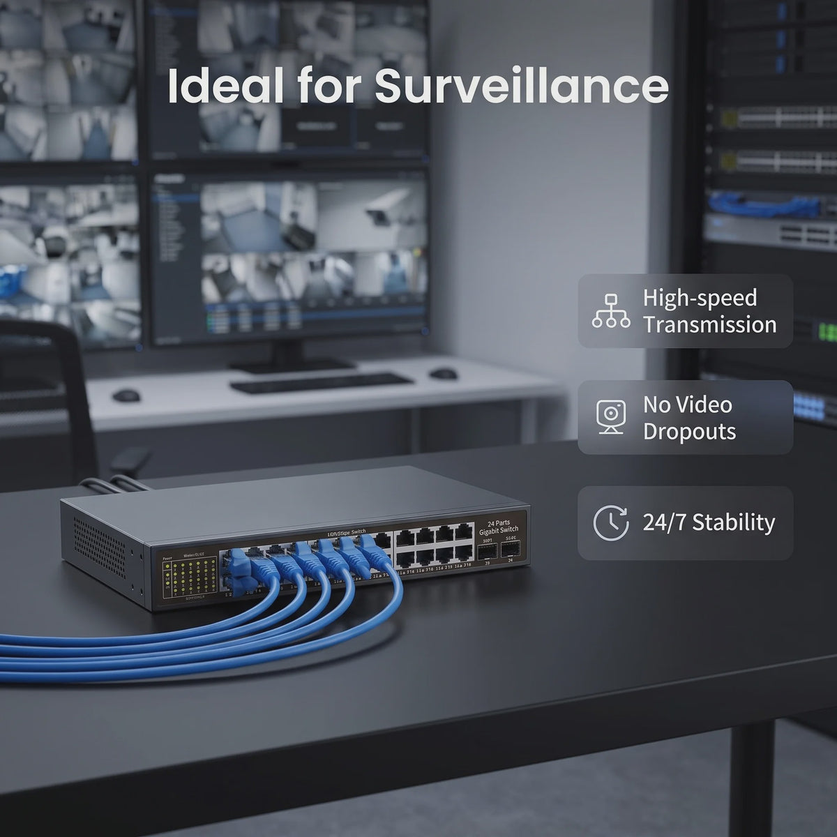 24-Poorts Gigabit Netwerk Switch met 2 SFP Poorten, 52Gbps Bandbreedte & Bliksembeveiliging