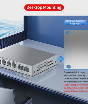 HORACO 2.5Gbps Netwerk Switch met 4x 2.5G RJ45 Poorten en 2x 10G SFP+ Poorten - Fanless, Unmanaged, Plug & Play