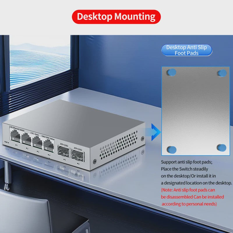 HORACO 2.5Gbps Netwerk Switch met 4x 2.5G RJ45 Poorten en 2x 10G SFP+ Poorten - Fanless, Unmanaged, Plug & Play