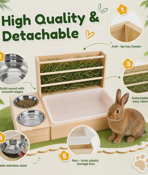 3 in 1 Rabbit Hay Feeder with Litter Box and Bowls, Wooden Small Animal Feeding Station with Hay Rack, Rabbit Food Dispenser for Guinea Pig Hamster Chinchilla Ferret