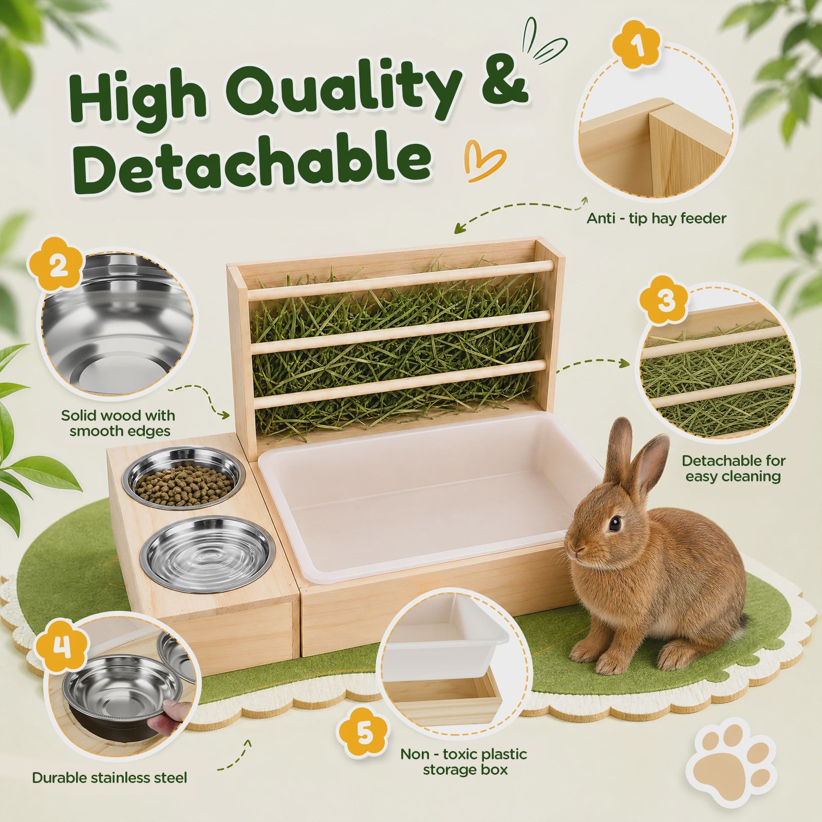 3 in 1 Rabbit Hay Feeder with Litter Box and Bowls, Wooden Small Animal Feeding Station with Hay Rack, Rabbit Food Dispenser for Guinea Pig Hamster Chinchilla Ferret