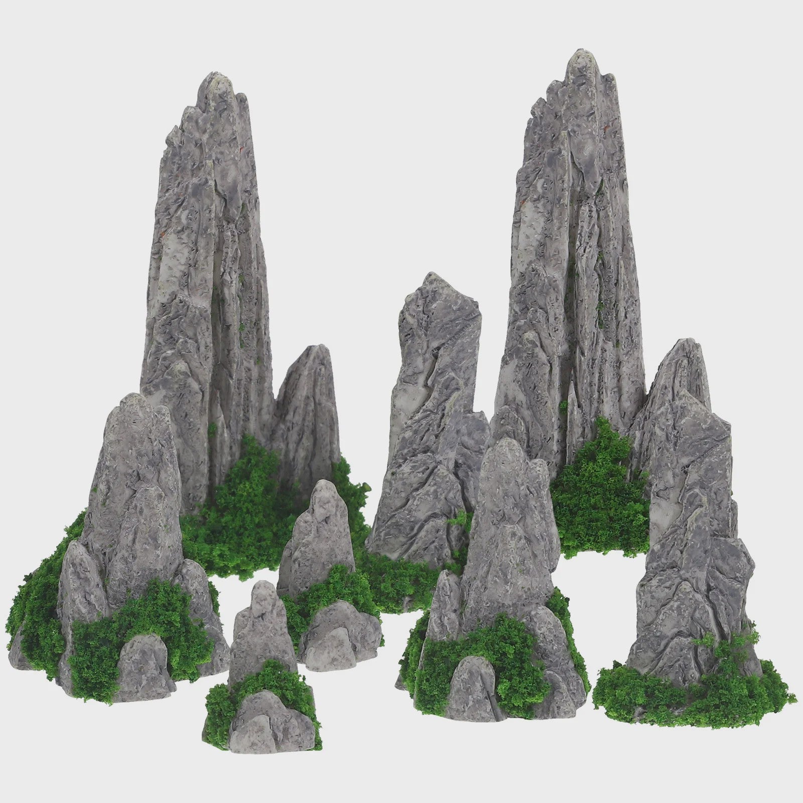 Set van 8 Decoratieve Rotsformaties met Mos voor Miniatuur Landschappen en Diorama's