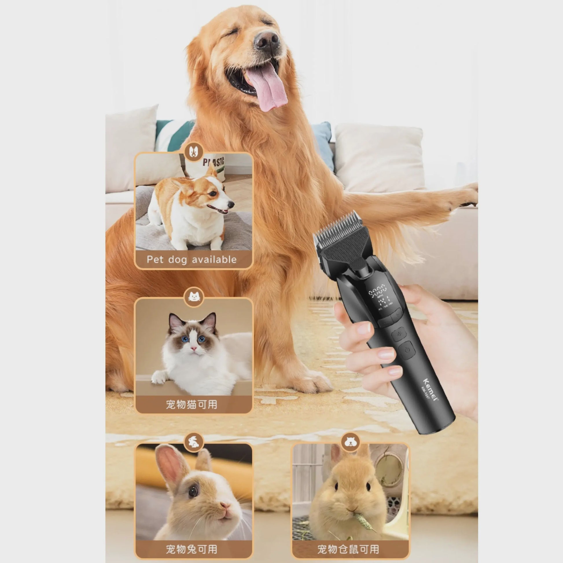 Kemei 1857 Professionele Honden Trimtrimmer - Oplaadbaar, Stille Motor & LED Verlichting