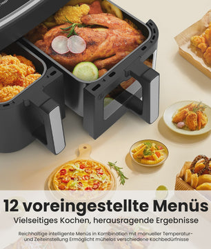 Dubbele Zone Airfryer 10L met Kijkvenster & LED Touchscreen - Compacte Mini Oven