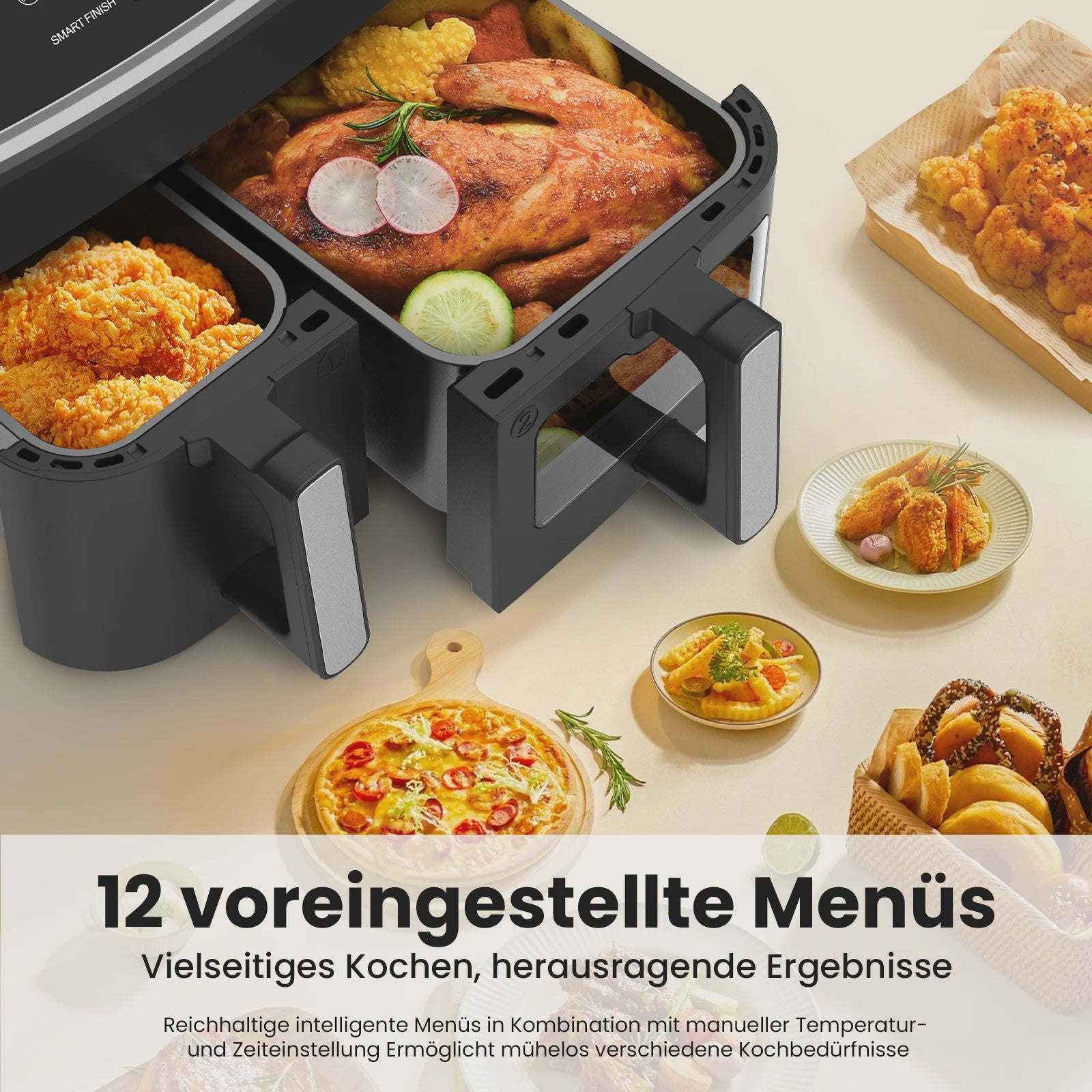 Dubbele Zone Airfryer 10L met Kijkvenster & LED Touchscreen - Compacte Mini Oven