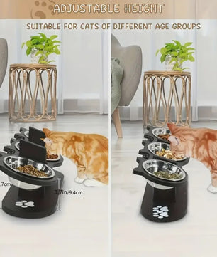Verhoogde Voerbak Set voor Katten en Honden met 3 RVS Bakjes en Verstelbare Hoogte
