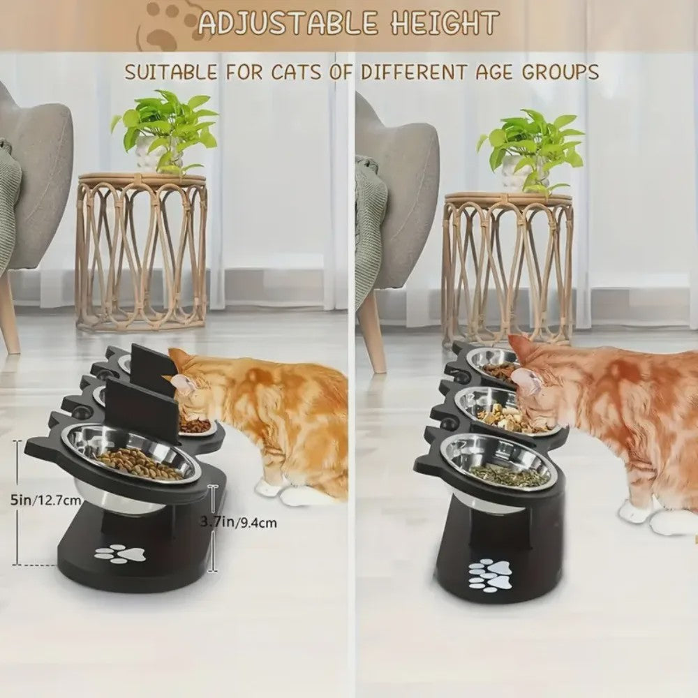 Verhoogde Voerbak Set voor Katten en Honden met 3 RVS Bakjes en Verstelbare Hoogte