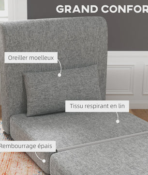 Homcom 1-Persoons Slaapbank Fauteuil - Verstelbaar, Inclusief Kussen, Grijs Linnen