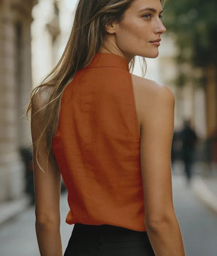 Mouwloze Linnenmix Top met Opstaande Kraag en V-hals - Relaxed Fit Blouse