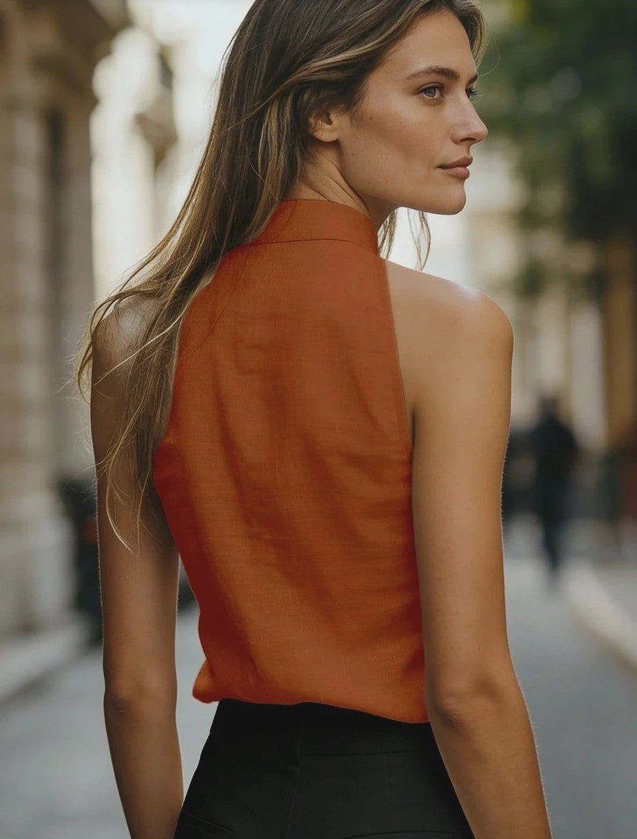 Mouwloze Linnenmix Top met Opstaande Kraag en V-hals - Relaxed Fit Blouse