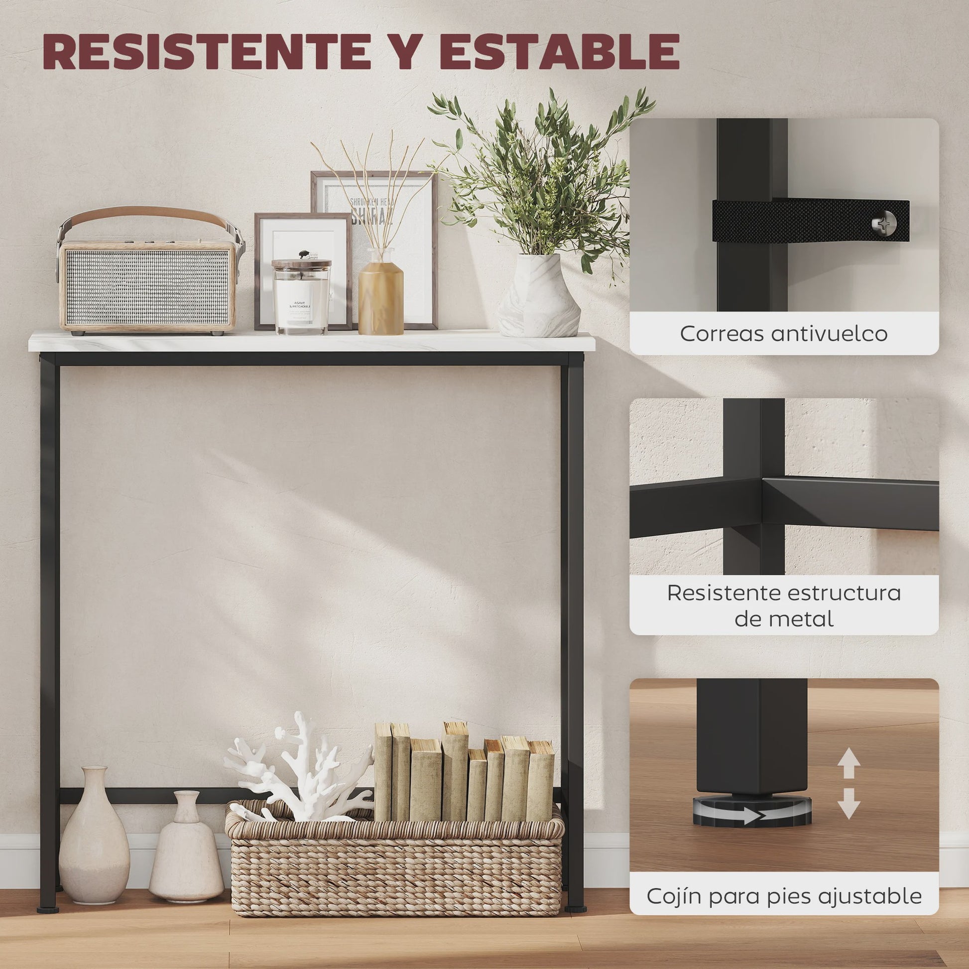 Smalle Hal Console Tafel met Marmerlook en Zwart Metaal Frame - 75x24x76 cm