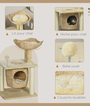 PawHut Kattenkrabpaal met Niche, Mand, Pompon en Sisal - Beige 45x40x74 cm
