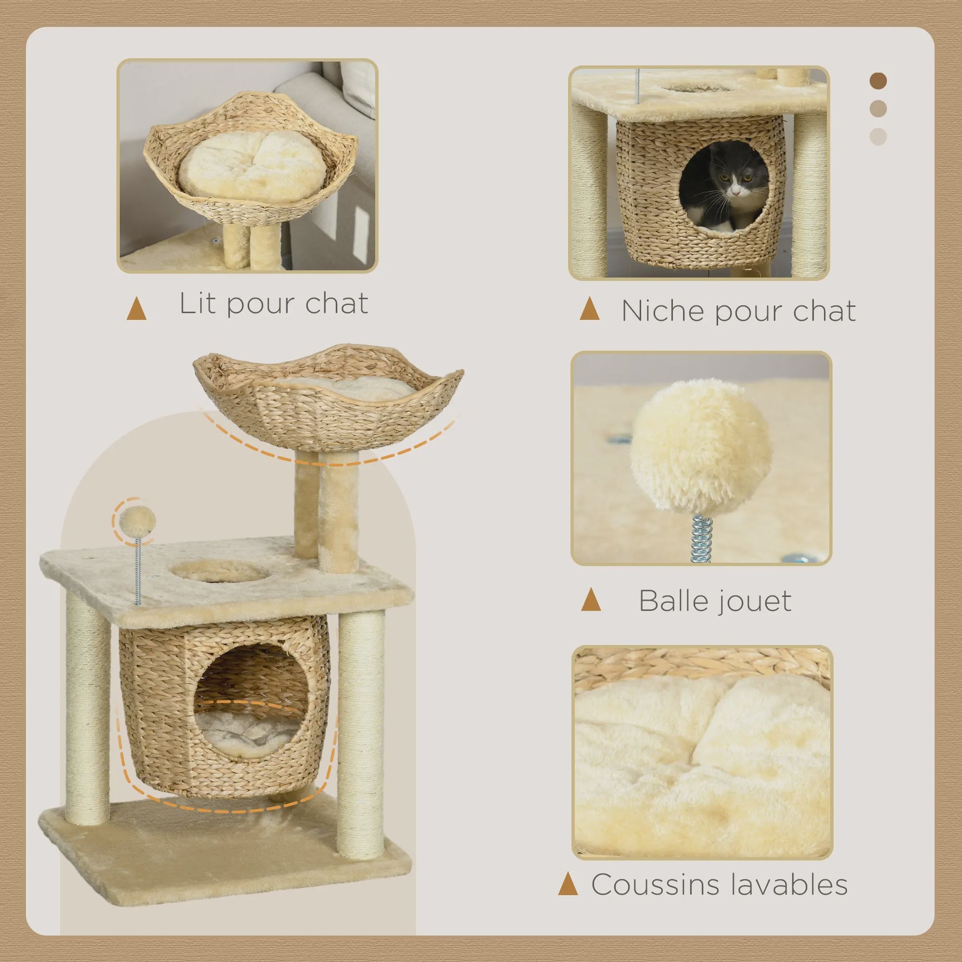 PawHut Kattenkrabpaal met Niche, Mand, Pompon en Sisal - Beige 45x40x74 cm