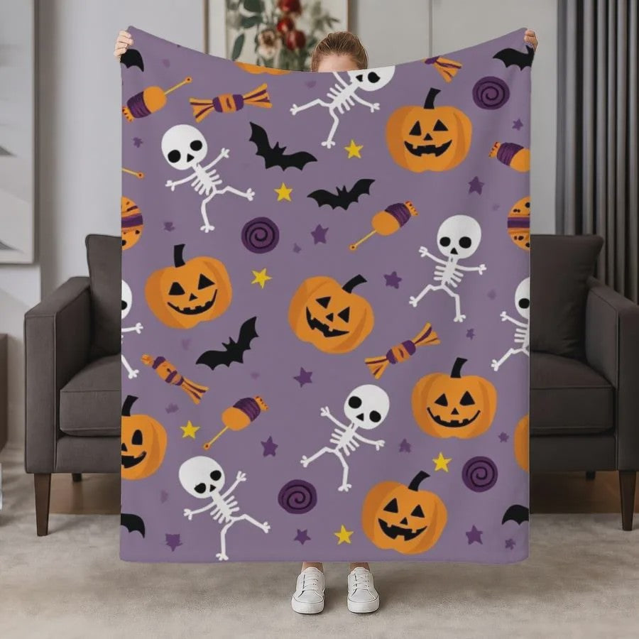 Halloween Pluche Deken met Kraai, Maan & Sterrenprint - Zachte Plaid voor Bank, Bed & Woonkamer