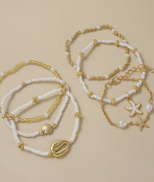 Set van 5 Vintage Kralen Armbanden met Sterren en Schelpen - Zomerse Beach Party Stijl