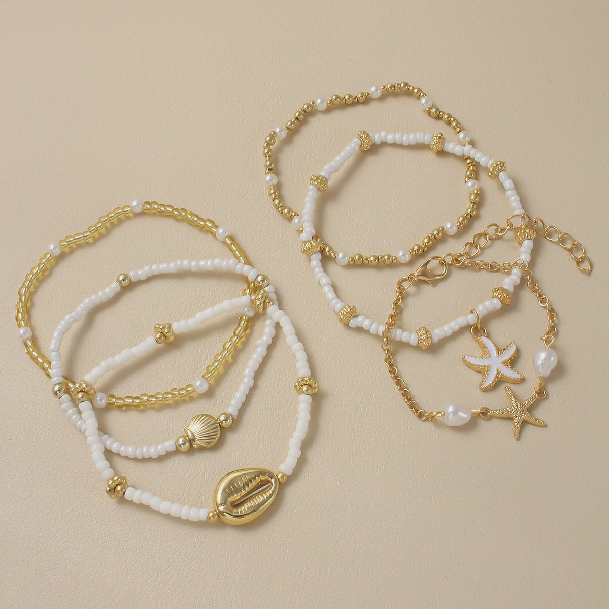 Set van 5 Vintage Kralen Armbanden met Sterren en Schelpen - Zomerse Beach Party Stijl