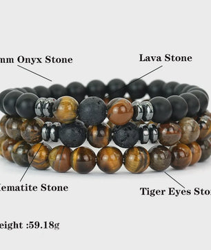 Set van 3 Heren Armbanden: Tijgeroog, Lavasteen & Onyx - Natuursteen