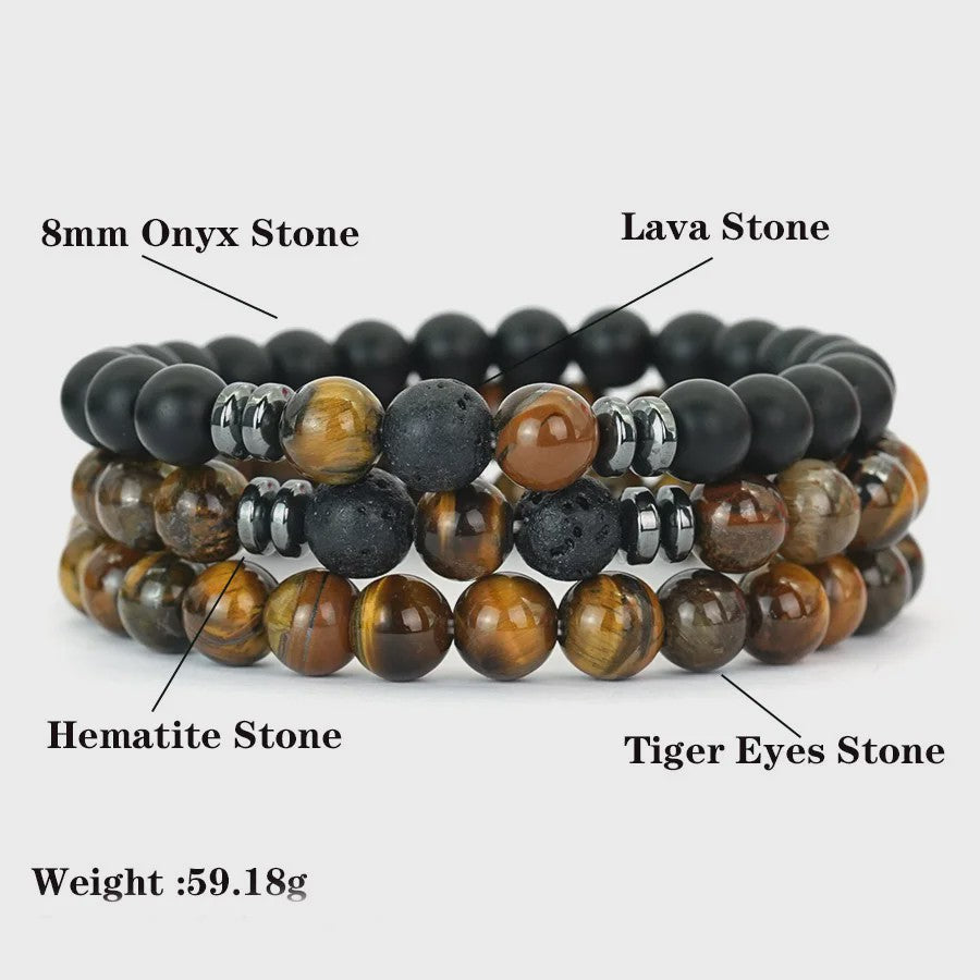 Set van 3 Heren Armbanden: Tijgeroog, Lavasteen & Onyx - Natuursteen