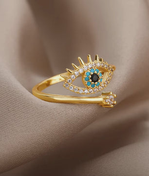 Luxe Gouden Ringen Set: Zirkonia & Boze Oog Design - Verstelbaar & Trendy