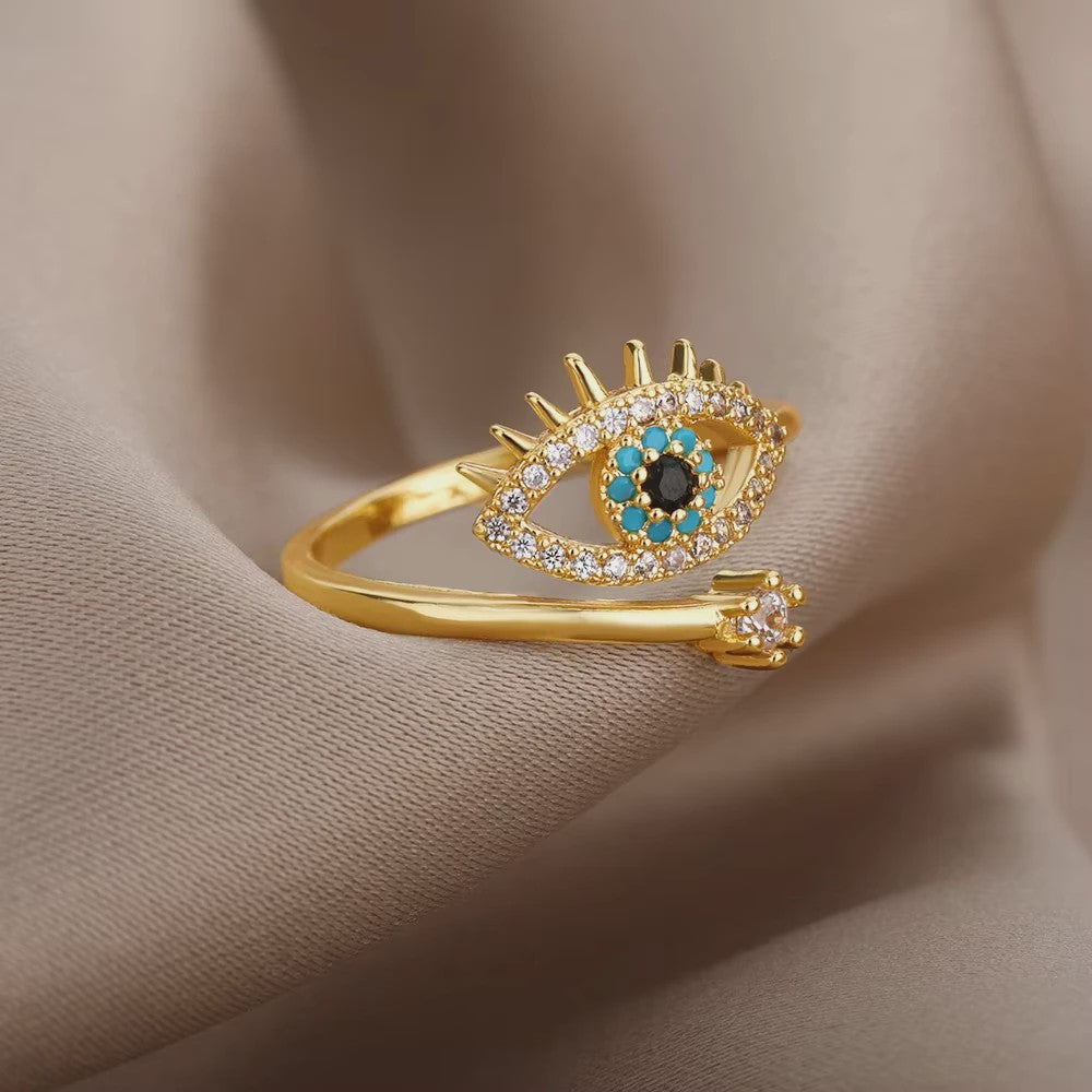 Luxe Gouden Ringen Set: Zirkonia & Boze Oog Design - Verstelbaar & Trendy