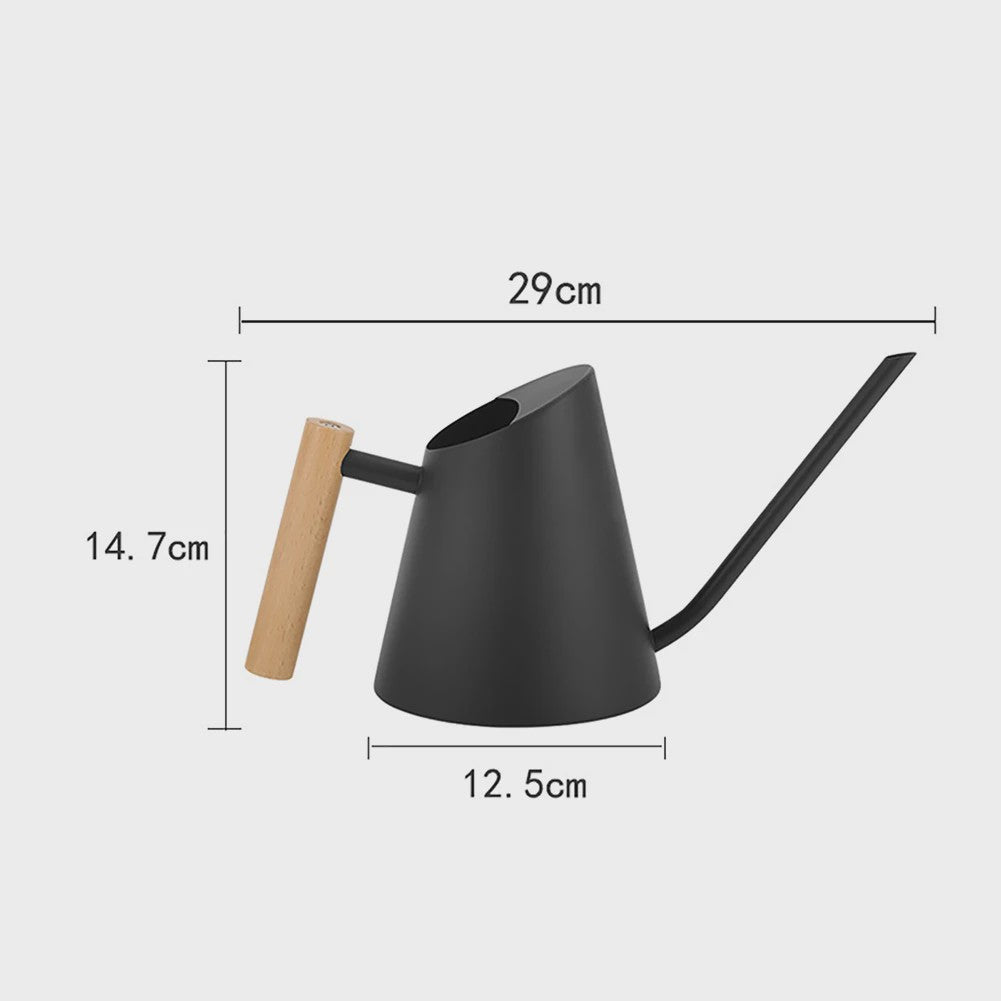 Roestvrijstalen Gieter 900ml Mat Zwart met Houten Handvat & Lange Tuit