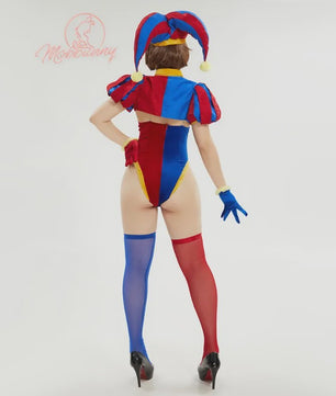 Halloween Clown Dames Kostuum Lingerie Set - Blauw Rood Bodysuit, Rokje, Handschoenen & Hoed