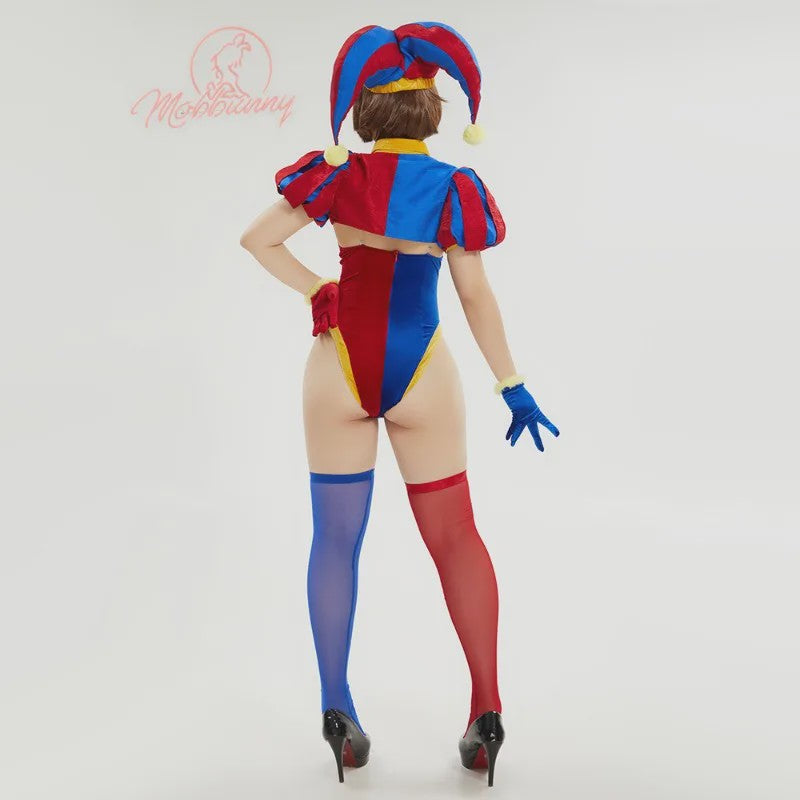 Halloween Clown Dames Kostuum Lingerie Set - Blauw Rood Bodysuit, Rokje, Handschoenen & Hoed