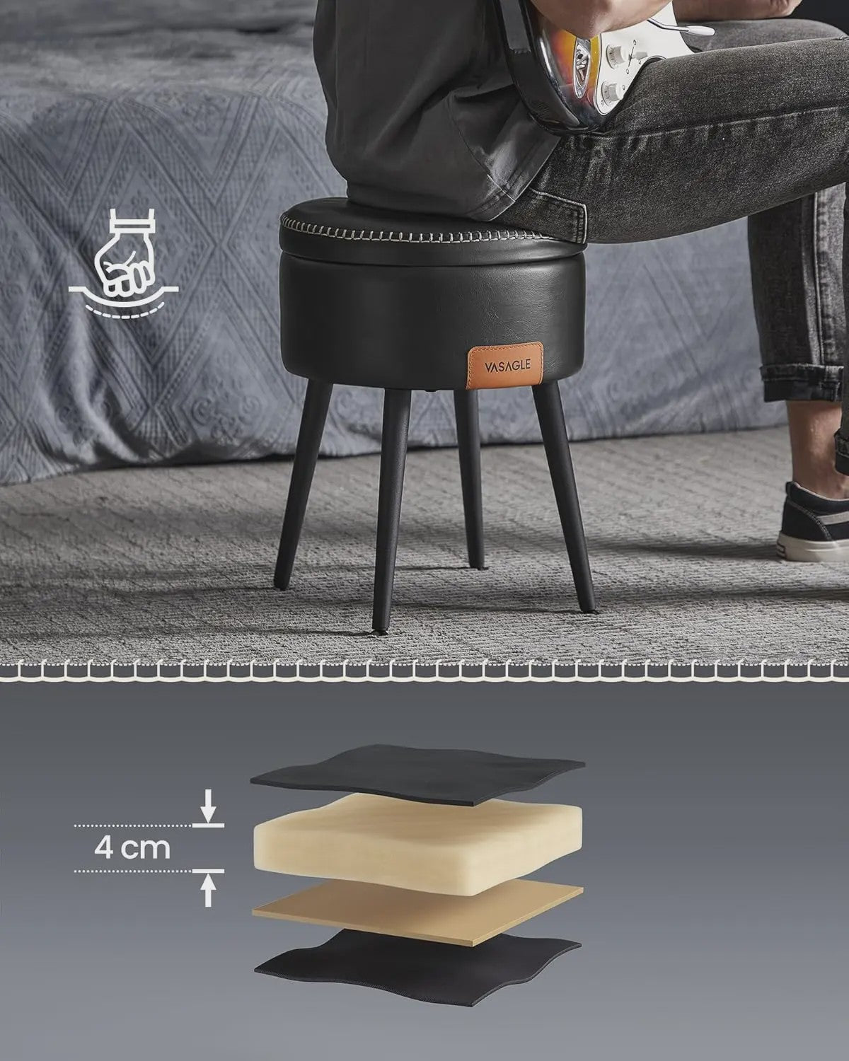 VASAGLE Opbergkruk met Kunstleer Bekleding - Zwart, 150 kg Draagvermogen