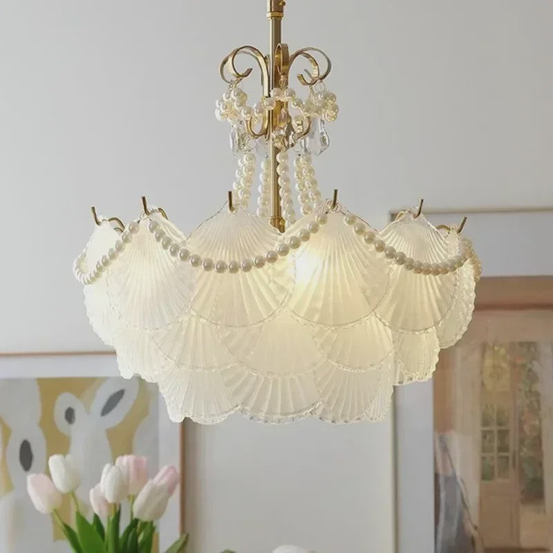 Moderne Koperen Plafondlamp met Schelp Glas en LED - Stijlvolle Hanglamp voor Woonkamer, Eetkamer & Slaapkamer
