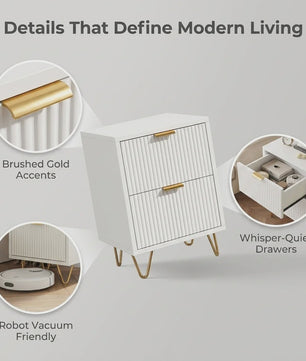 Moderne Witte Nachtkastje met 2 Lades en Gouden Poten - Scandinavisch Design