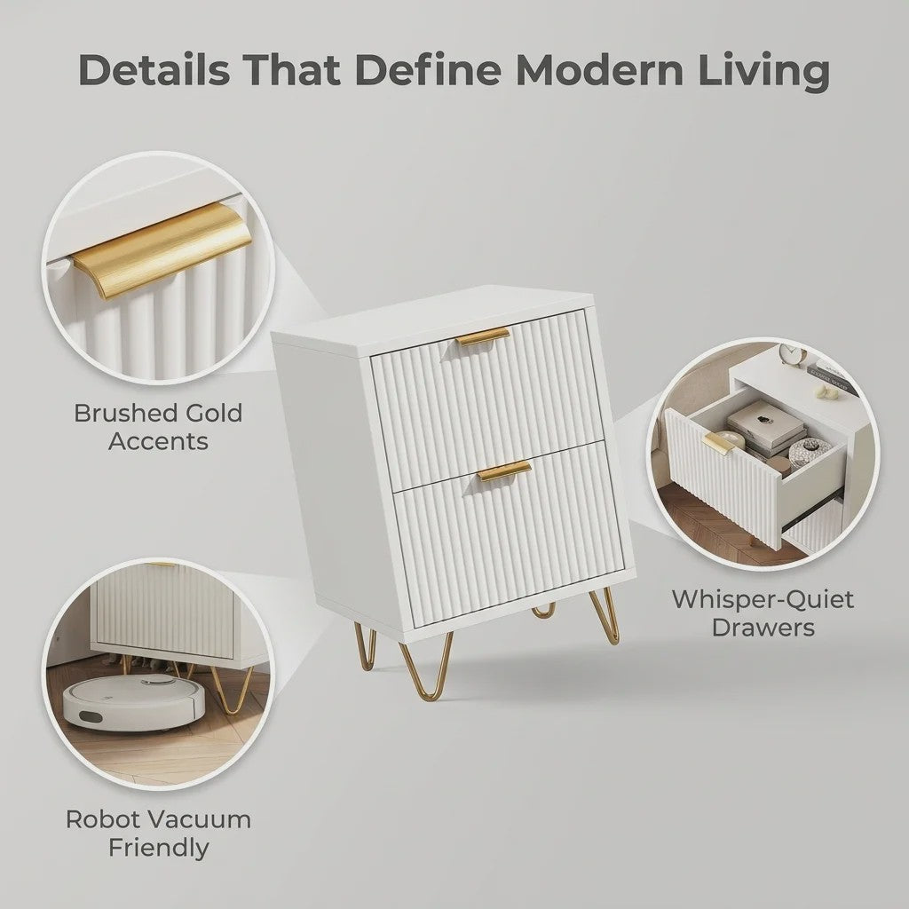 Moderne Witte Nachtkastje met 2 Lades en Gouden Poten - Scandinavisch Design