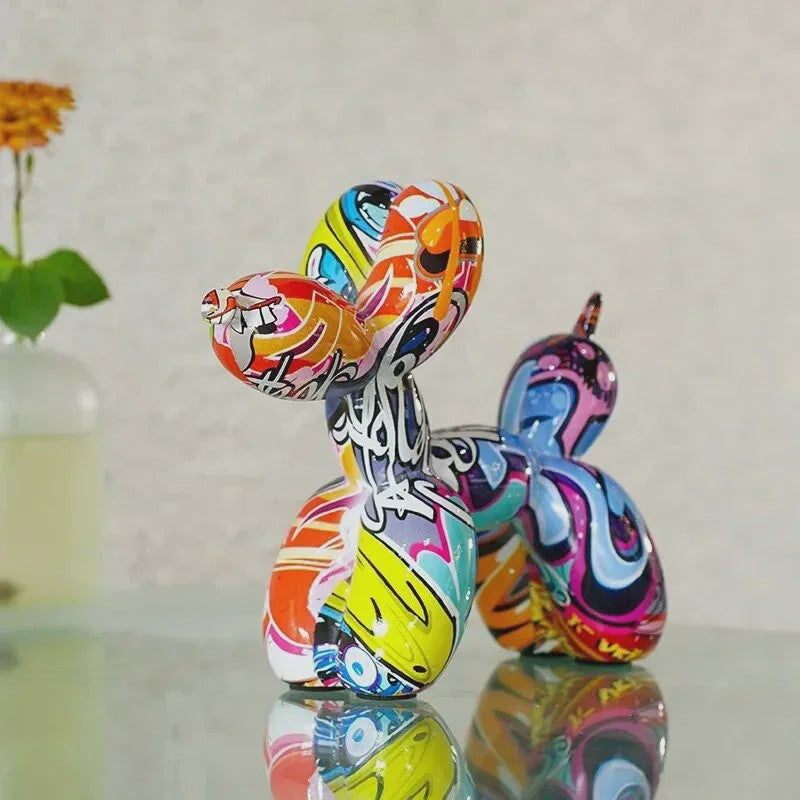 Kleurrijke Ballonhond Sculptuur - Graffiti Stijl Hondenbeeldje voor Woonkamer Decoratie