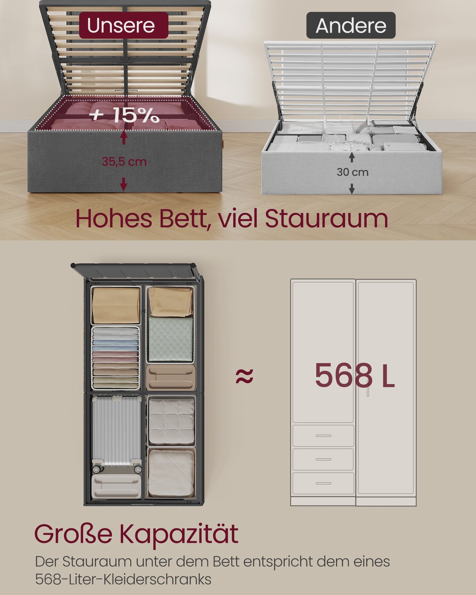 VASAGLE Bedframe met Opbergruimte en Hoofdbord - 90x200 cm - Grijs