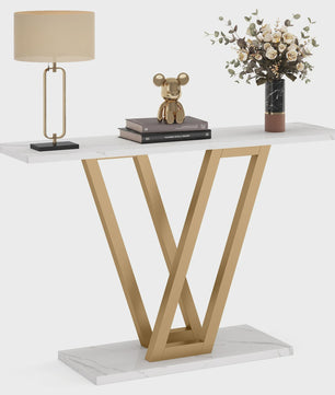 Industriële Console Tafel 110cm - Marmerlook & Goudkleurig Metaal - Hal & Woonkamer