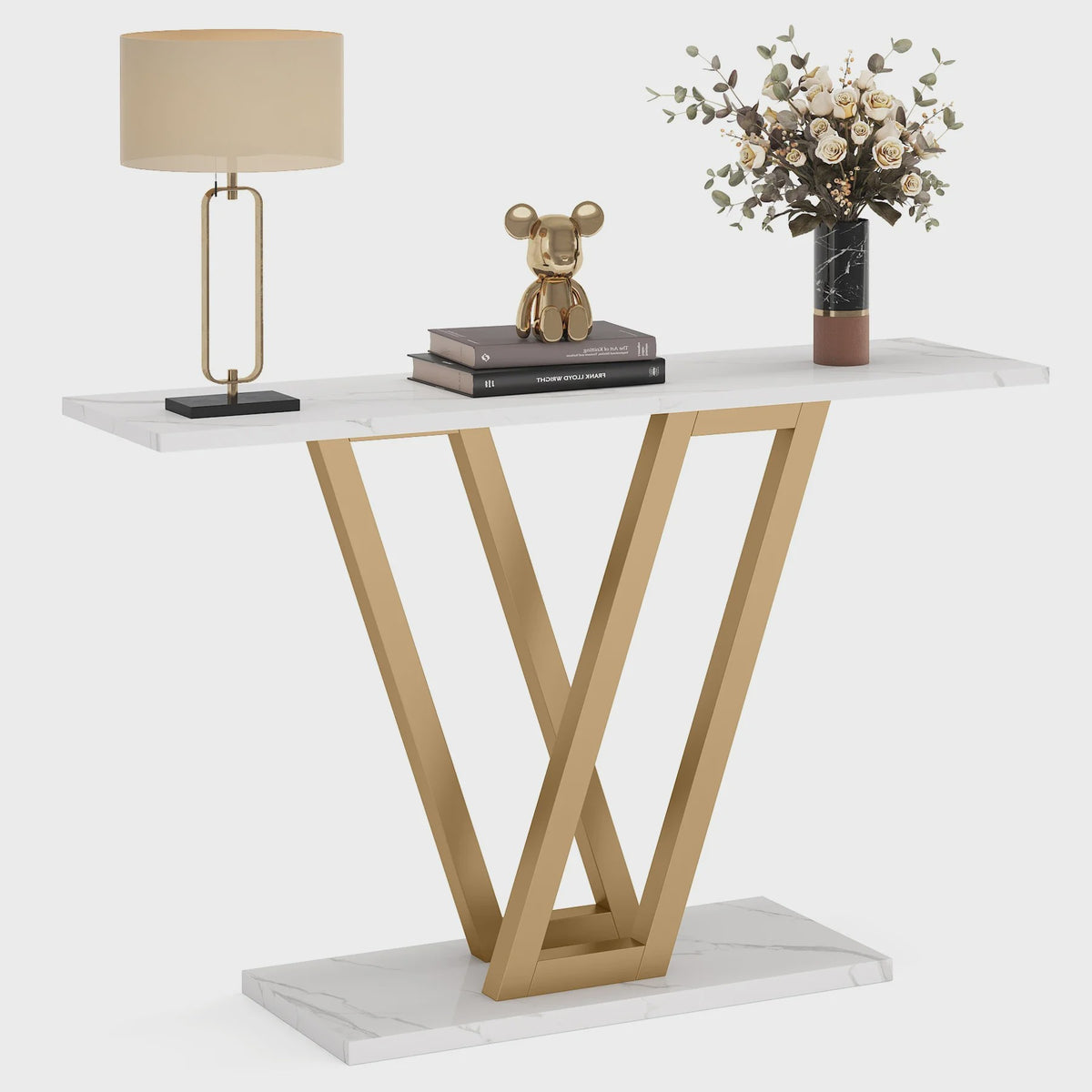 Industriële Console Tafel 110cm - Marmerlook & Goudkleurig Metaal - Hal & Woonkamer
