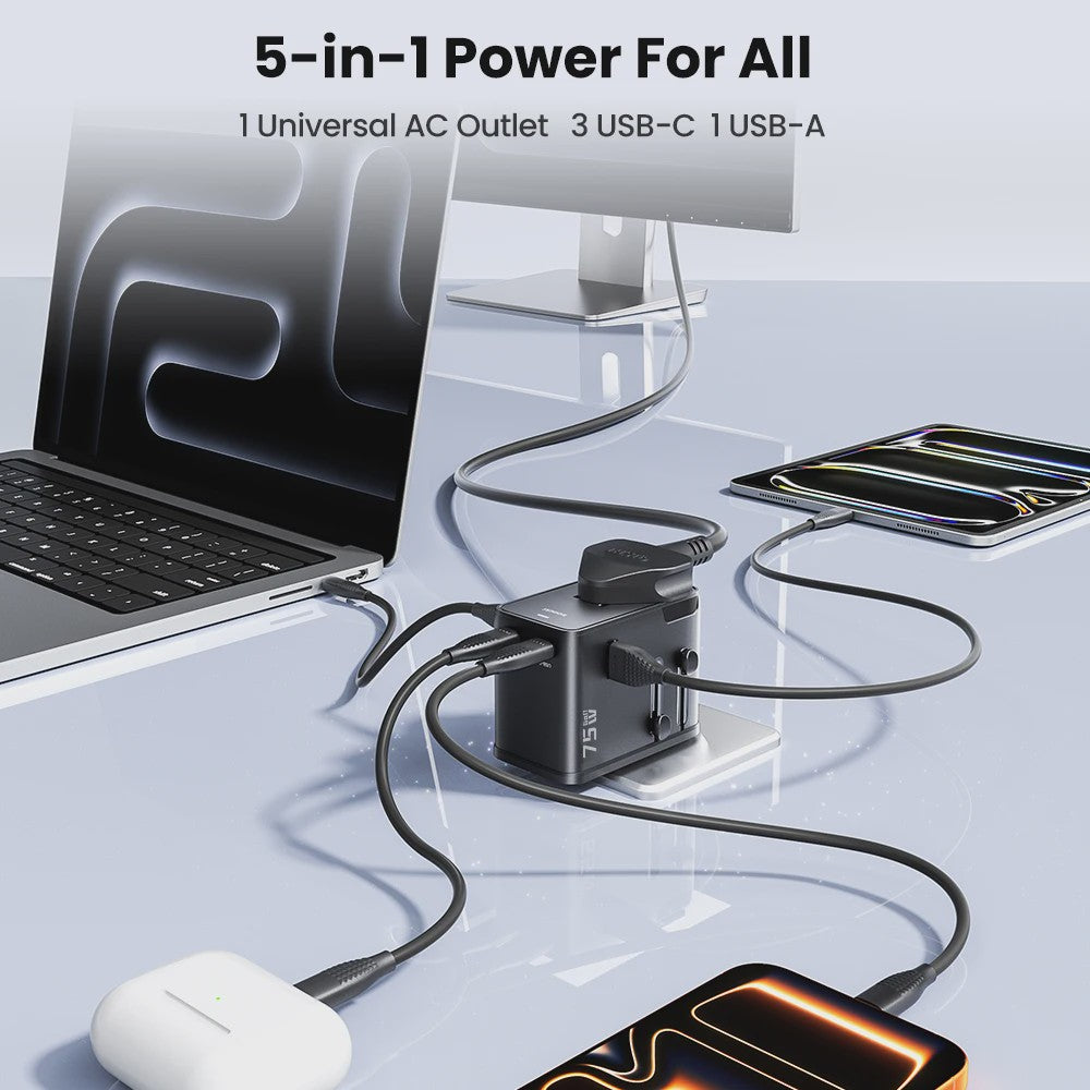 Toocki GaN 75W Universele Reisadapter: Wereldwijd opladen met 1 AC, 1 USB & 2 Type-C (45W PD)