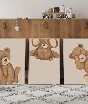 Set van 3 Schattige Bruine Beer Canvas Posters - Abstracte Dierenkunst voor Kinderkamer & Woonkamer