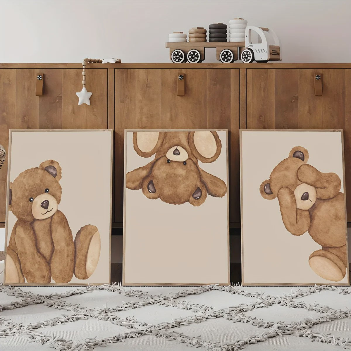 Set van 3 Schattige Bruine Beer Canvas Posters - Abstracte Dierenkunst voor Kinderkamer & Woonkamer
