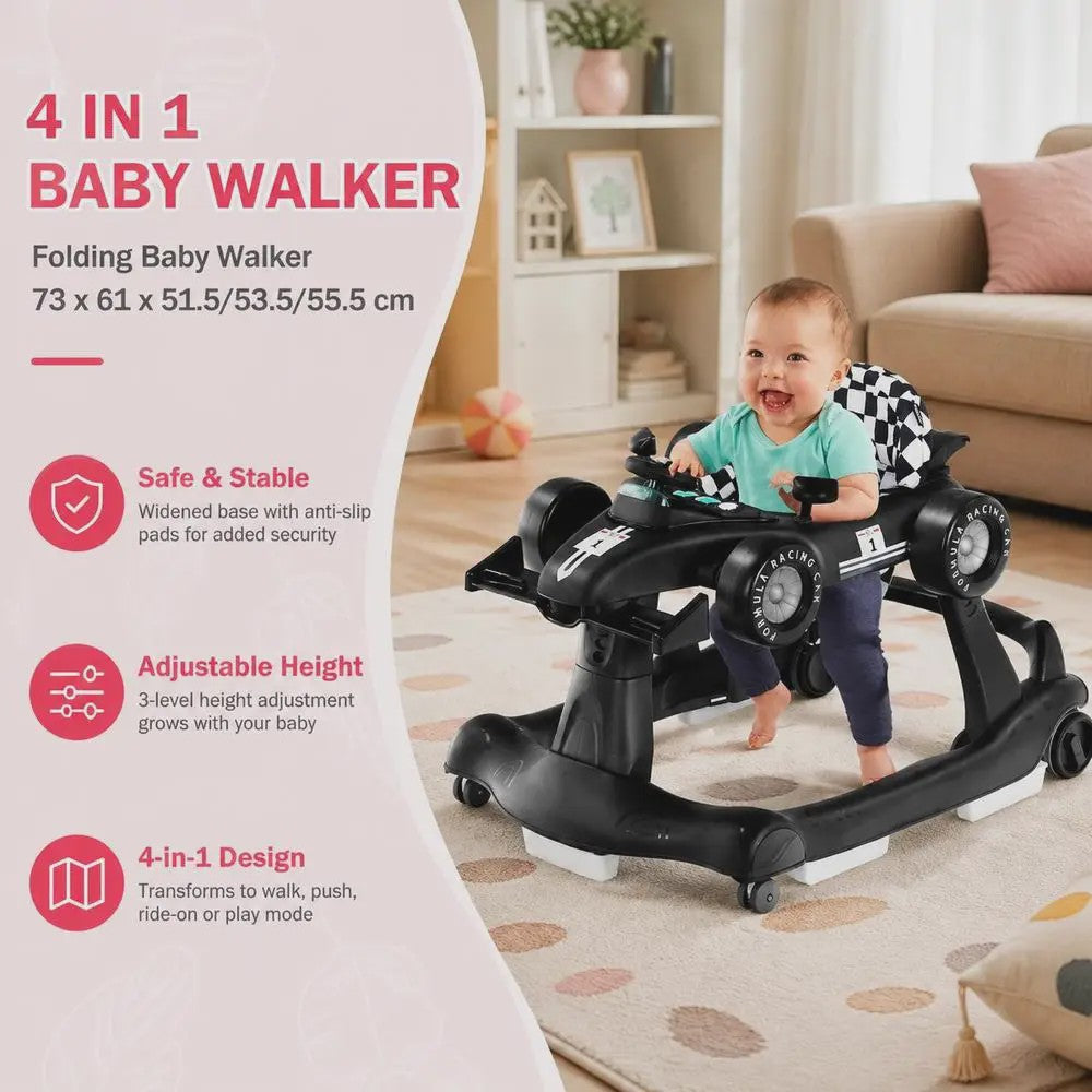 4-in-1 Baby Walker Raceauto - Verstelbaar, Opvouwbaar & Veilig
