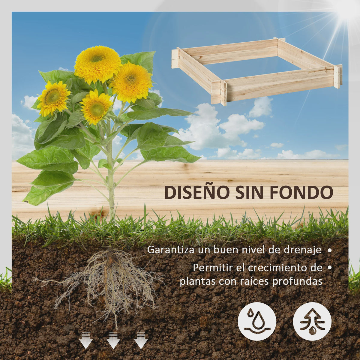 Outsunny Houten Verhoogde Stadstuin Bak - 100x100x16cm Natuurlijk