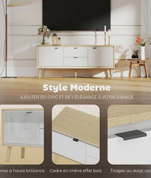 HOMCOM TV Meubel 120cm - Modern Wit & Eiken met Hoogglans Deuren en Laden