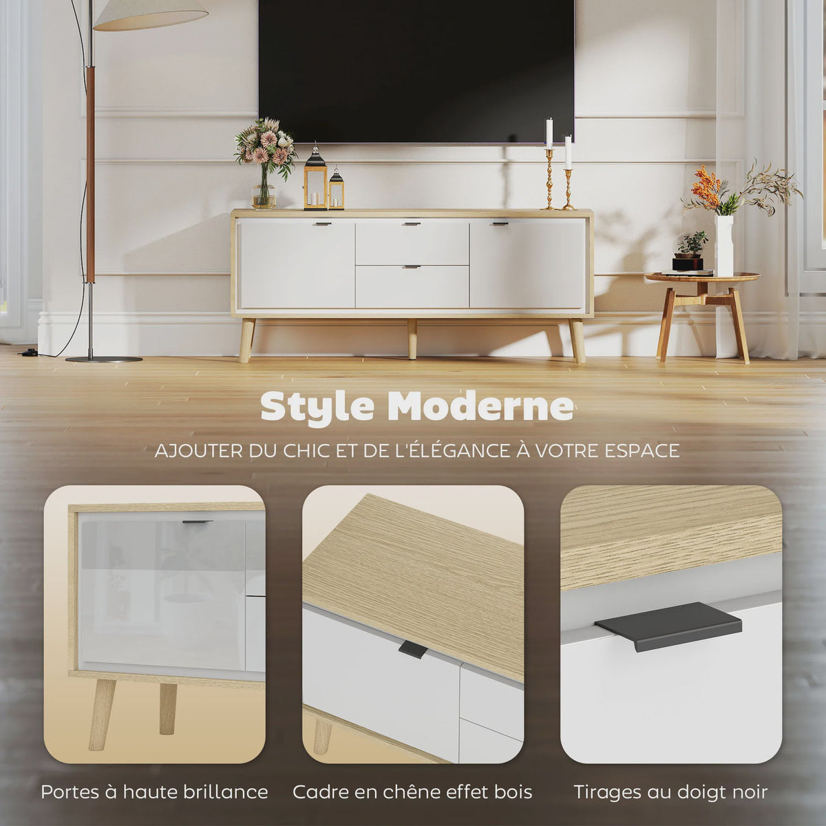 HOMCOM TV Meubel 120cm - Modern Wit & Eiken met Hoogglans Deuren en Laden
