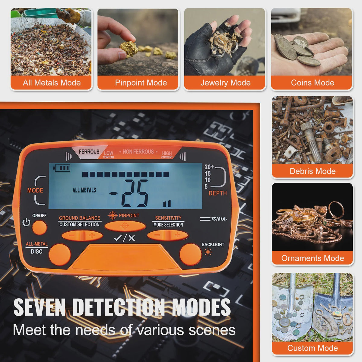 Metaaldetector voor Volwassenen & Kinderen - 10" Waterdichte Spoel, LCD, 7 Modi, Verstelbaar