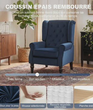 Donkerblauwe gestoffeerde fauteuil met brede zitting en klassieke houten poten - Comfortabel en stijlvol
