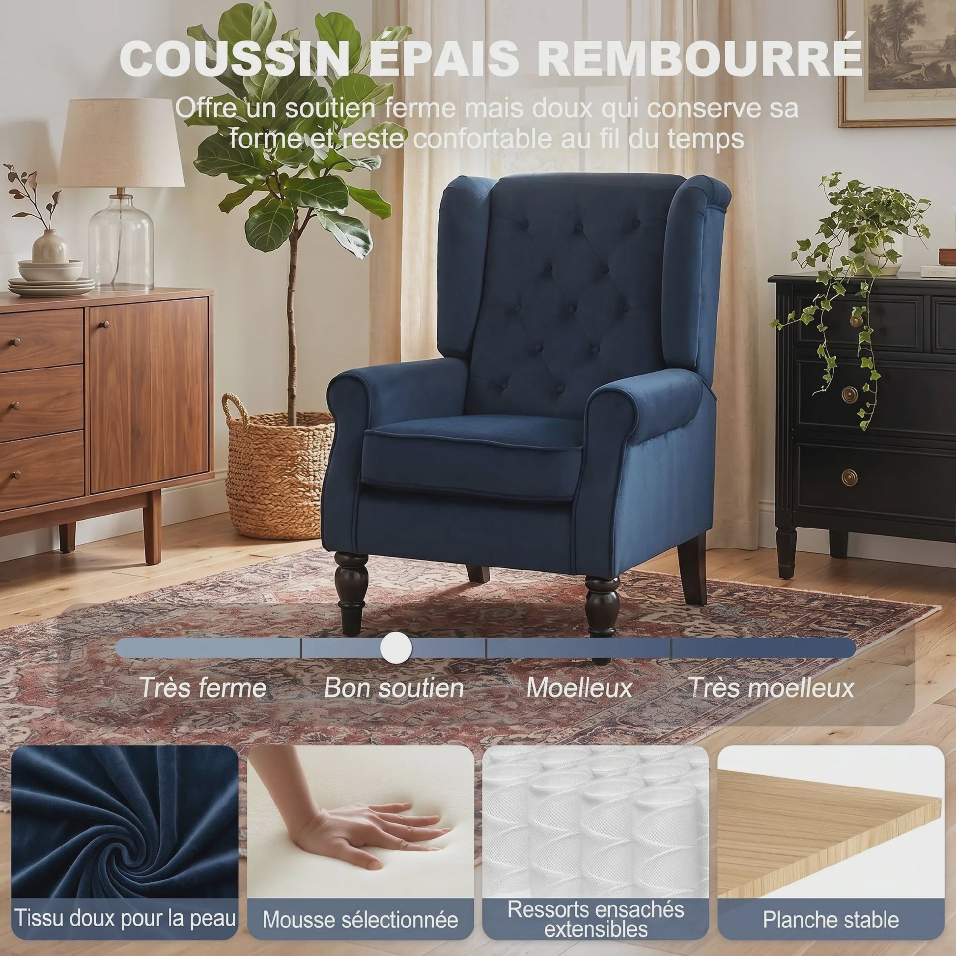 Donkerblauwe gestoffeerde fauteuil met brede zitting en klassieke houten poten - Comfortabel en stijlvol