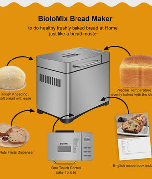 Biolomix Broodmachine RVS - 1KG Capaciteit, 19 Programma's, Automatische Fruitdispenser